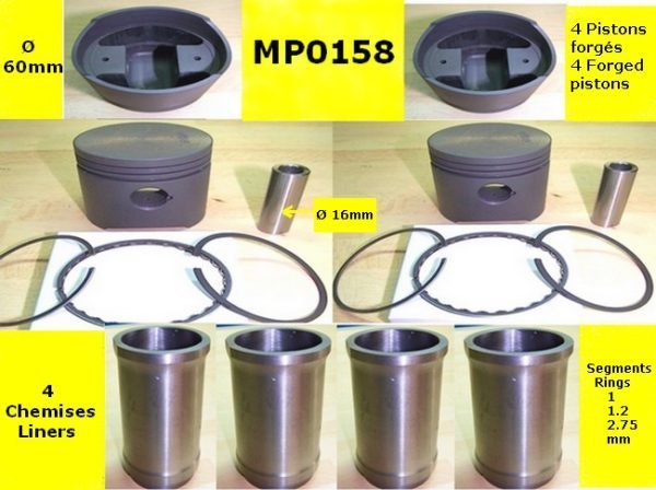 Set of 4 liners and 4 forged pistons + pins + rings 1.0+1.2+2.75mm Ø 60