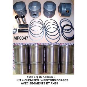 Kit 4 Pistons forgés 77.80mm + axes + segments 1.75 + 2 + 4mm (forme kit Renault Sport) + 4 Chemises