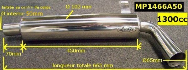 Silencieux inox poli type absorption (compétition 105db) Ø102mm entrée pour tube Ø50mm (