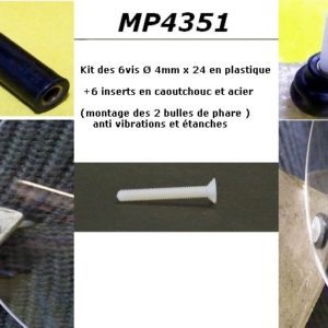 Kit de 6 vis plastique Ø 4mm X 24 mm + 6 inserts caoutchouc et filetage acier  (souple et étanche)