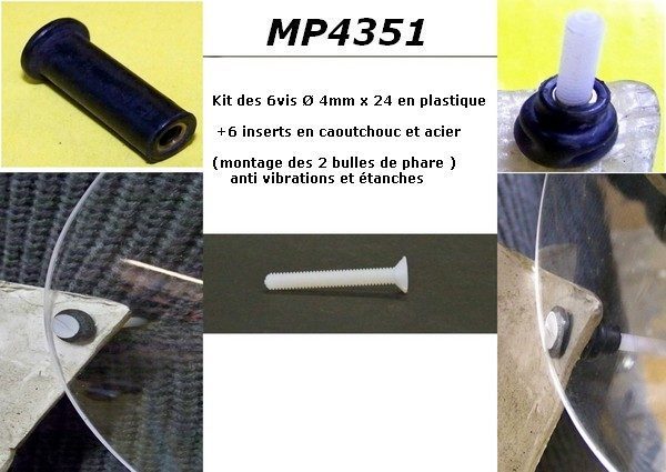 Kit de 6 vis plastique Ø 4mm X 24 mm + 6 inserts caoutchouc et filetage acier  (souple et étanche)