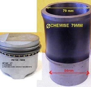 Kit complet 4 chemises + 4 pistons coulés avec axes et segments